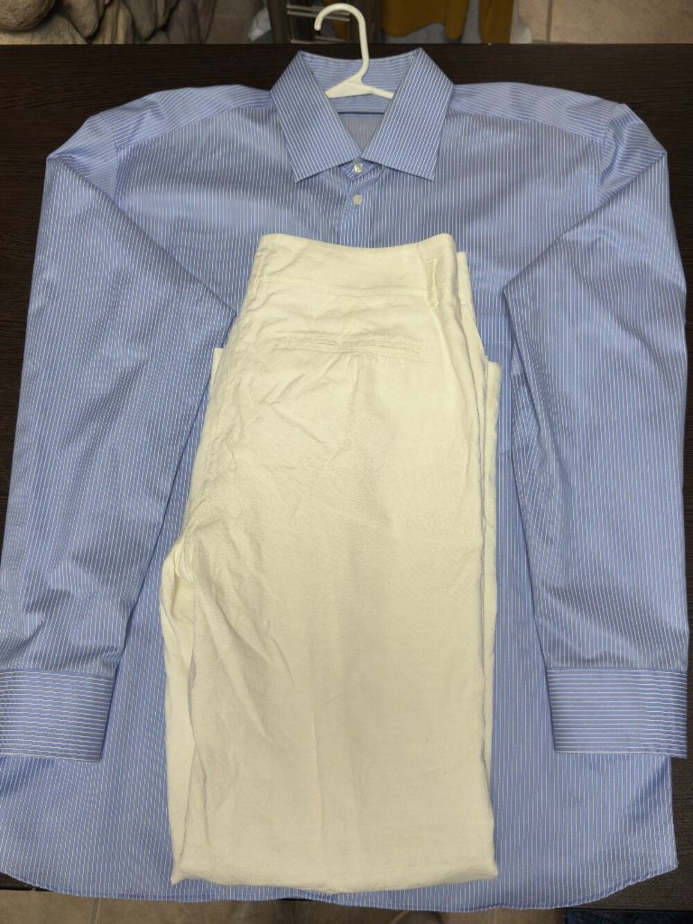 (L) Lipson Nucare Blue Striped Dress Shirt and Banana Republic White Pants( 32 )